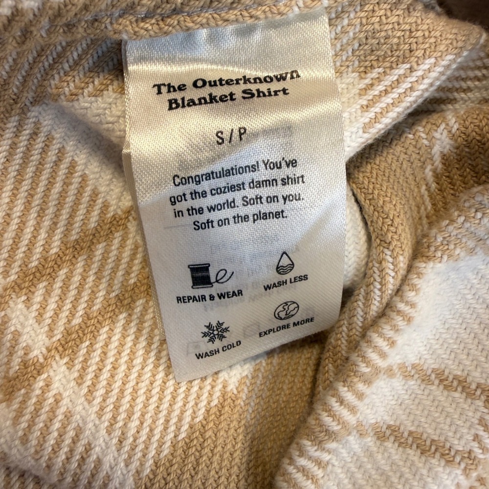 Outerknown Blanket Shirt Mens‎ Small Tan White Plaid Organic Cotton Button Down - Picture 7 of 9